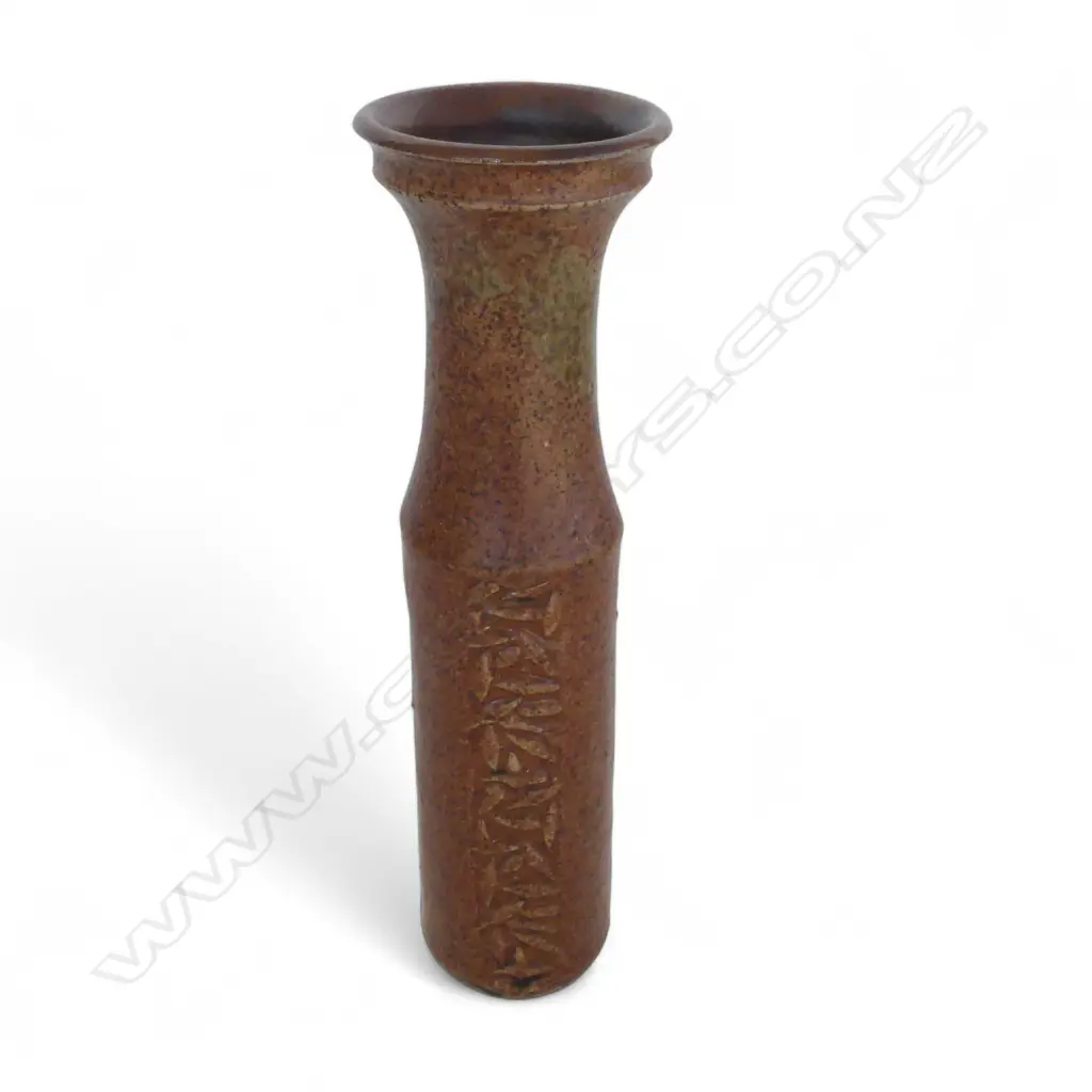 GRAEME STORM POTTERY NARROW TALL VASE C.1970 patterned vertical bands. H.240mm Image 1++