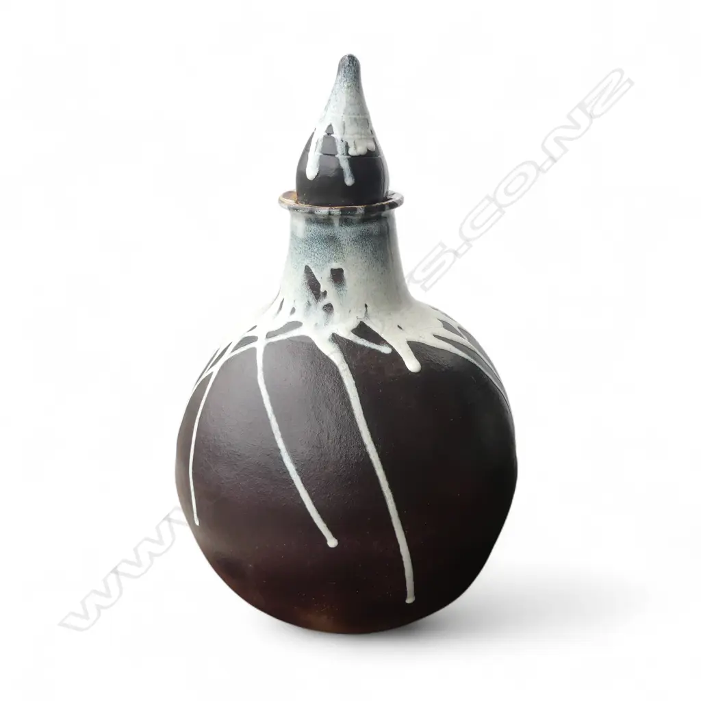 LGE DARK BROWN LIDDED POTTERY VESSEL with white dribbled glaze. H.580mm. NZ SUDIO ? WEST GERMAN LIKE ? Image 1++