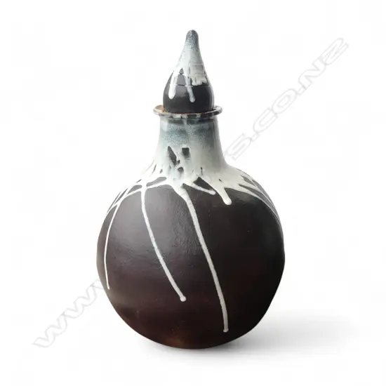 LGE DARK BROWN LIDDED POTTERY VESSEL with white dribbled glaze. H.580mm. NZ SUDIO ? WEST GERMAN LIKE ?