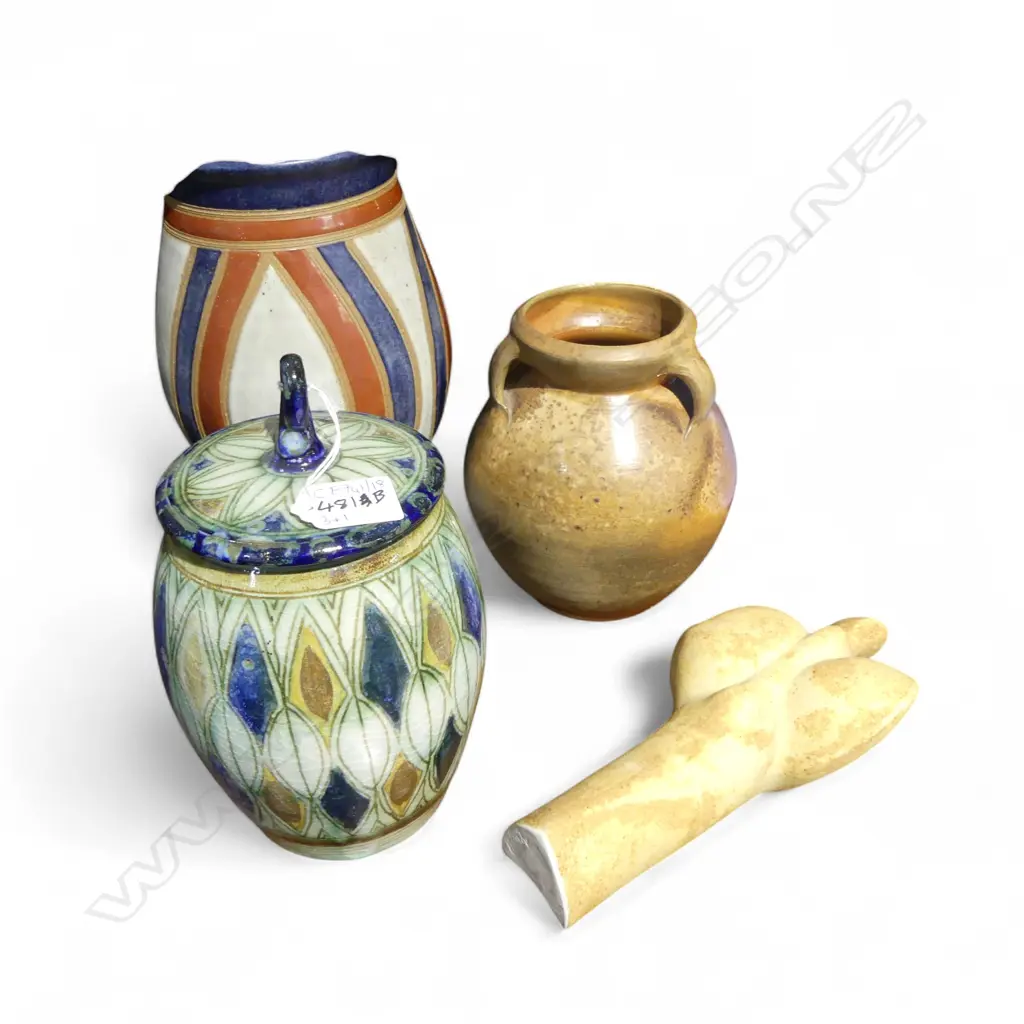 3 STUDIO POTTERY VASES; ROELOF UYS (LIDDED), MILL POTTERY SOMERSET H.260mm, OTHER + ABSTRACT FIGURE SIGNED WRIGHT H215mm Image 1++