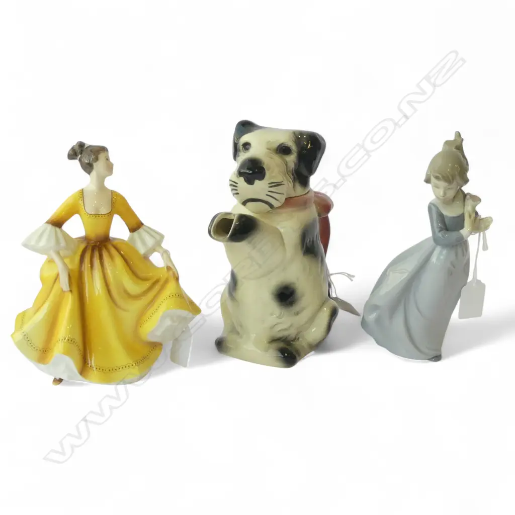 3 PCS; ROYAL DOULTON FIGURINE, H.180mm, NAO 'YOUNG GIRL', H.190mm & VINTAGE GERMAN ERPHILA DOGGIE TEAPOT Image 1++