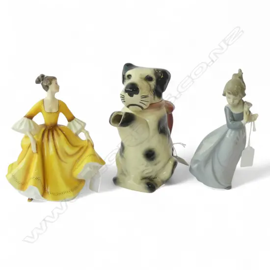 3 PCS; ROYAL DOULTON FIGURINE, H.180mm, NAO 'YOUNG GIRL', H.190mm & VINTAGE GERMAN ERPHILA DOGGIE TEAPOT