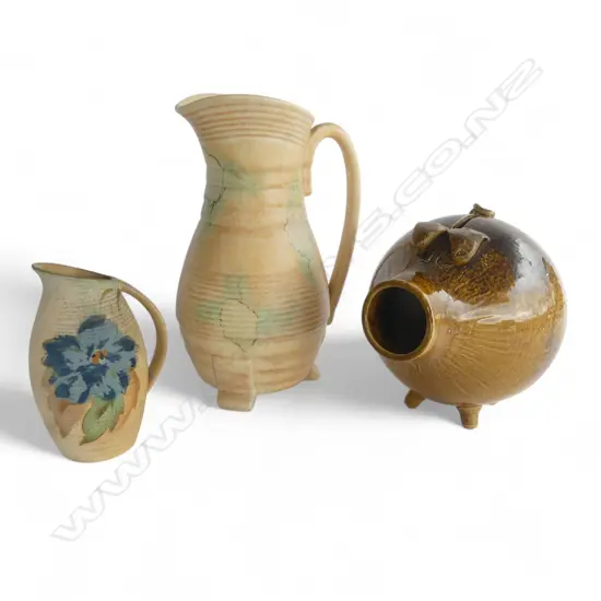1 BESWICK JUG 488 (260mm) & SMALL ART DECO JUG AND 1 GLAZED PIG POTTERY (170MM), REPAIRS