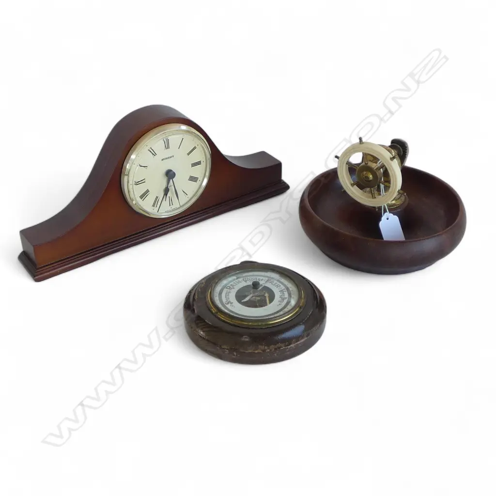 MARITIME TURNED WOOD NUT BOWL Dia.180mm + CLOCK & BAROMETER Image 1++