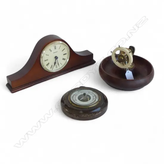 MARITIME TURNED WOOD NUT BOWL Dia.180mm + CLOCK & BAROMETER