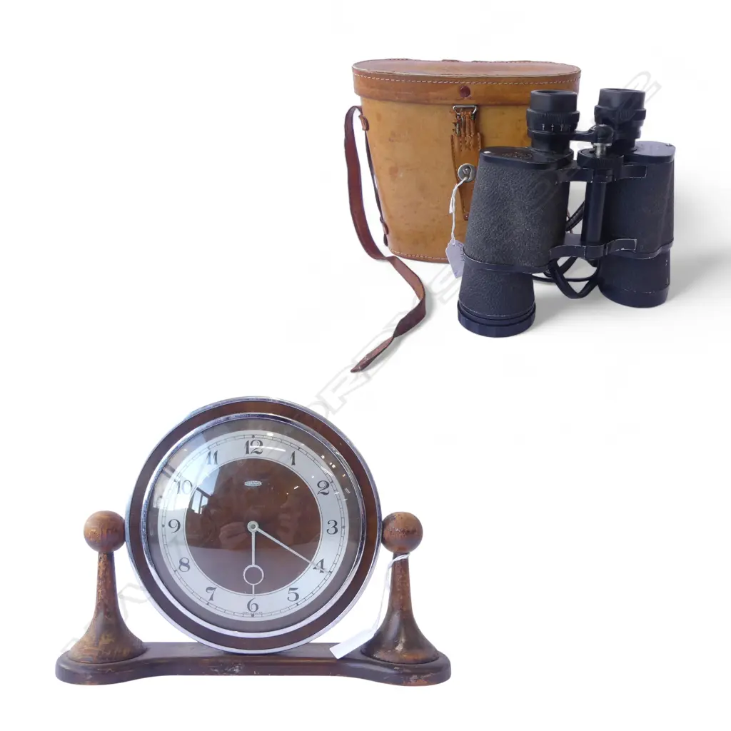 CASED BINOCULARS WITH OLD ART DECO MANTEL CLOCK  Image 1++