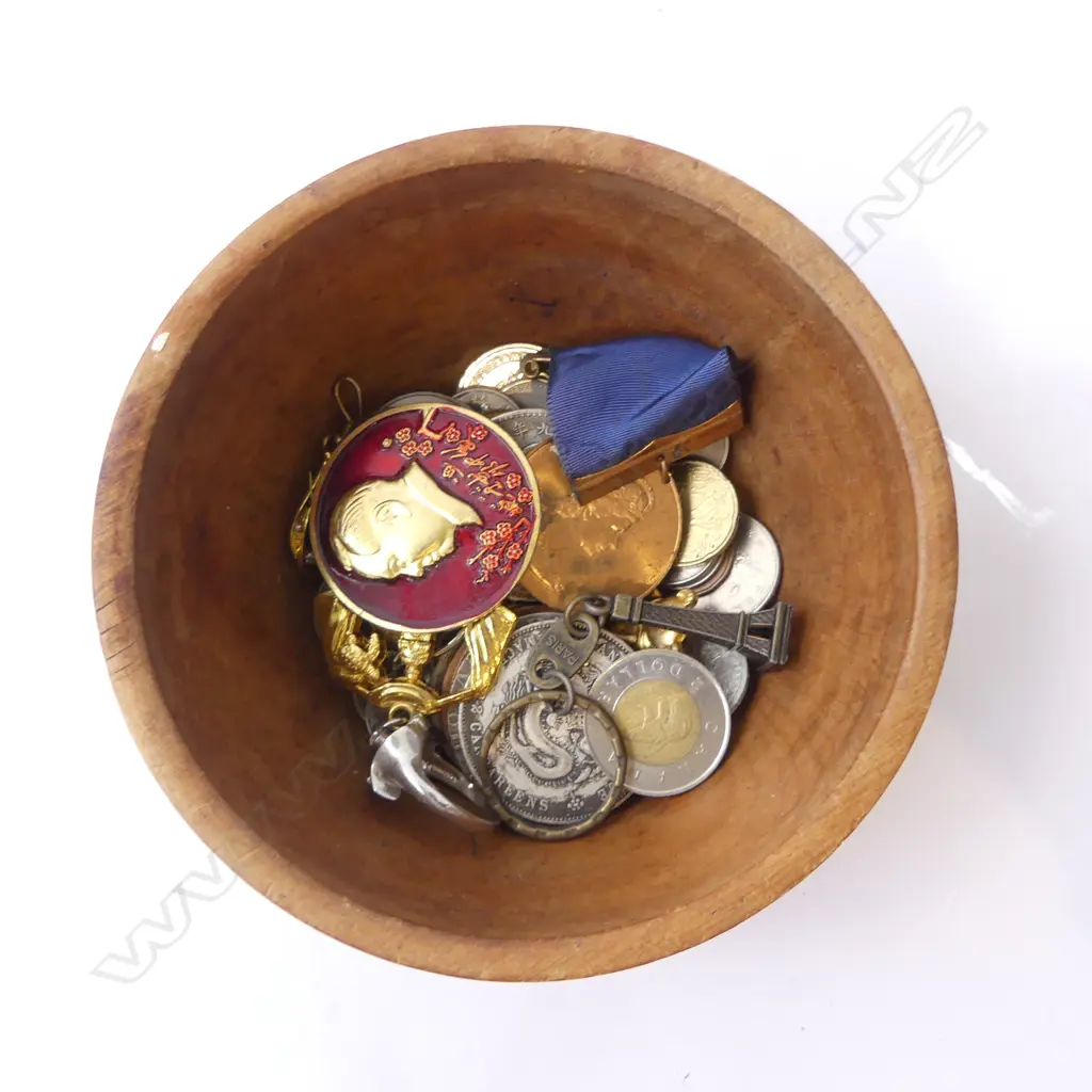 WOODEN BOWL 135mm dia w. ASST. COINS, TOKENS, MEDALS ETC Image 1++
