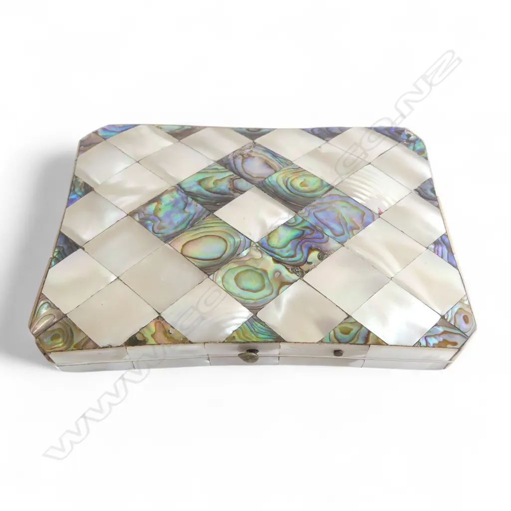 VICTORIAN GEOMETRIC PANELLED mother of pearl & abalone CARD CASE interior fitted w card & silk 108 x 80mm Image 1++