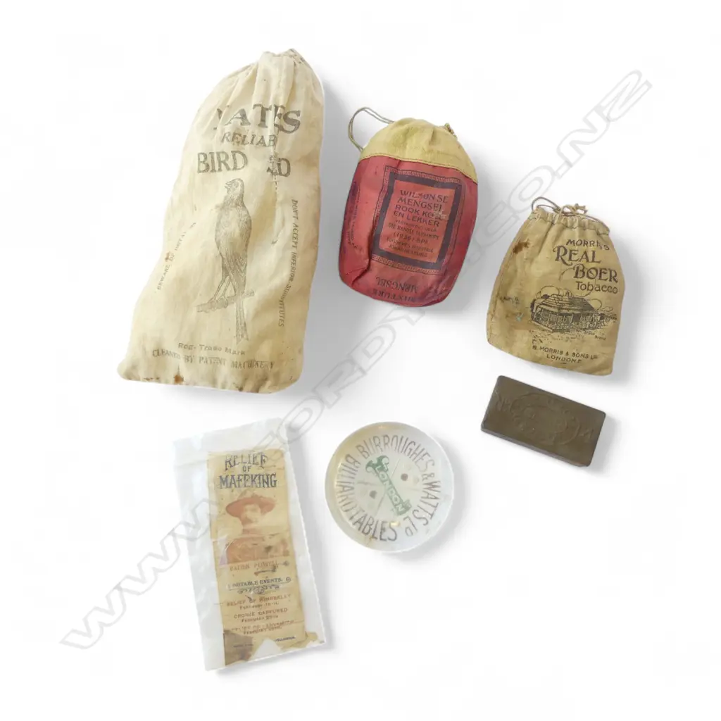 2 TOBACCO POUCHES, YATES BAG, BILLARD PAPERWEIGHT, VESTA, & BADEN POWELL SILK (A/F)  Image 1++