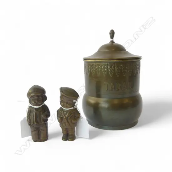 OLD TOBACCO JAR, COPPER WITH BRONZE FINISH, H.180mm & TWO SMALL SOLID HEAVY FIGURES, OLD, H.69mm
