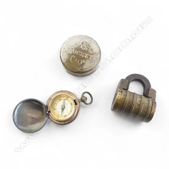 OLD BRASS 4 alphabet WHEEL PADLOCK + collapsible 'Vest Pocket Cup' + small pendant compass  