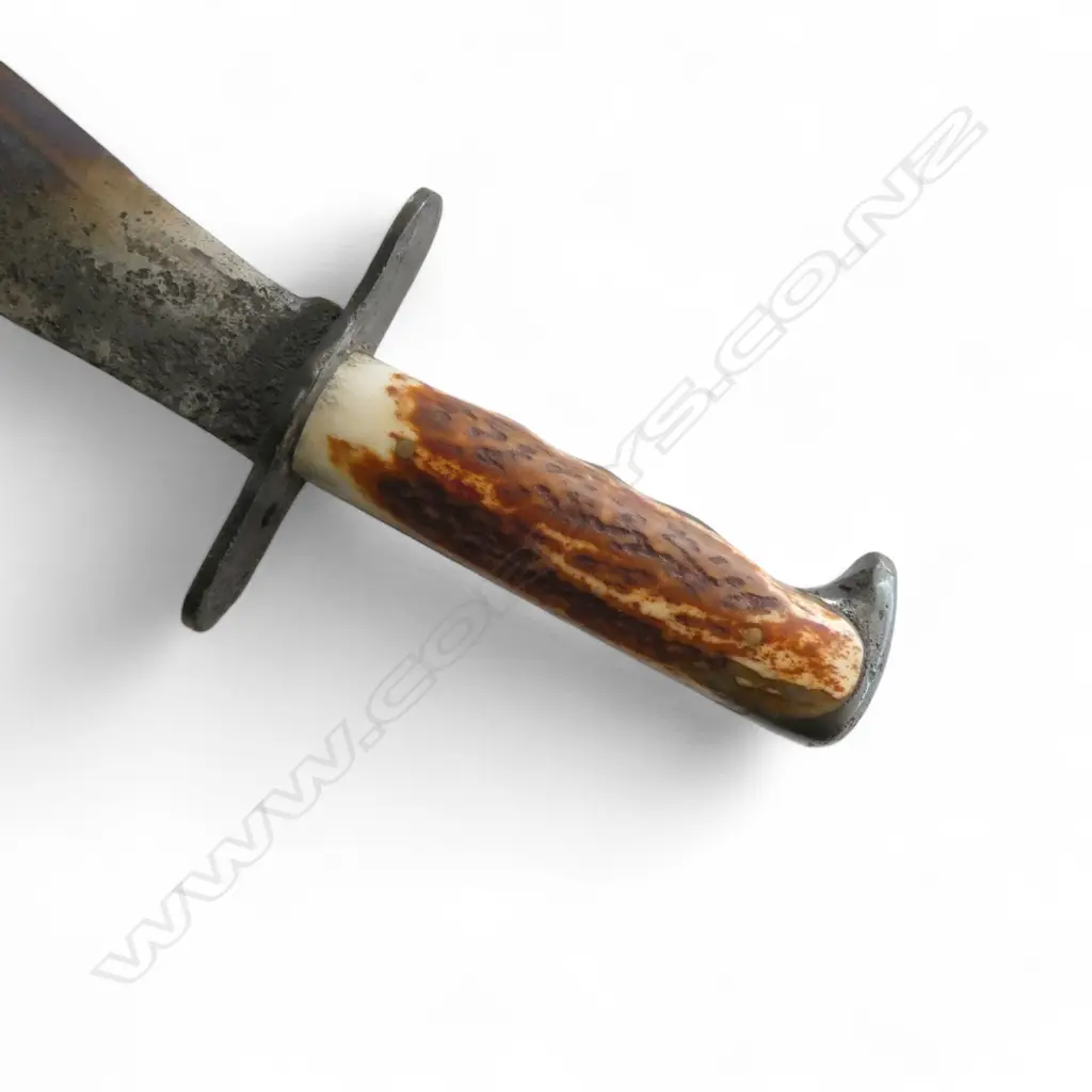 RESTORED US 1918 WWI BOLO KNIFE w. DEER ANTLER HANDLE BY KIWI BLADE KNIVES AUCKLAND. CUSTOM LEATHER SCABBARD L.390mm Image 1++