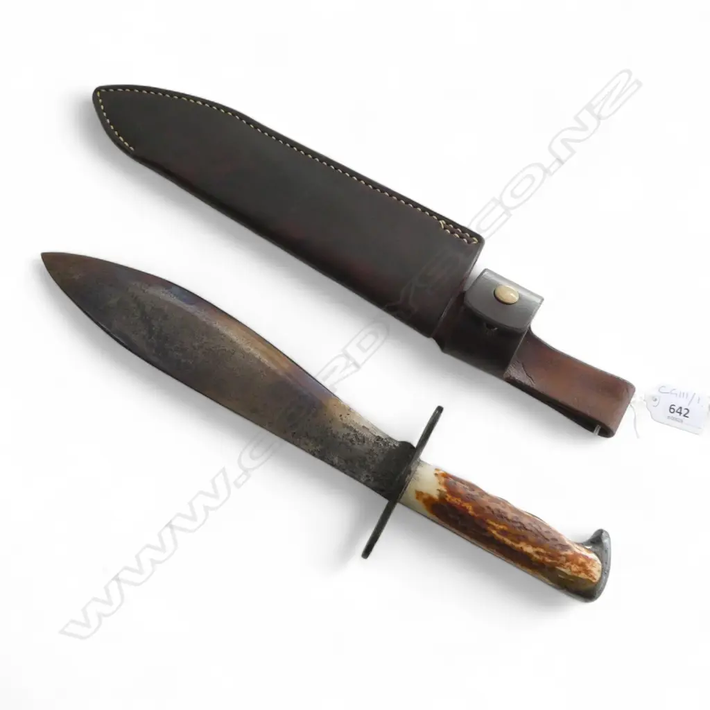 RESTORED US 1918 WWI BOLO KNIFE w. DEER ANTLER HANDLE BY KIWI BLADE KNIVES AUCKLAND. CUSTOM LEATHER SCABBARD L.390mm Image 1++