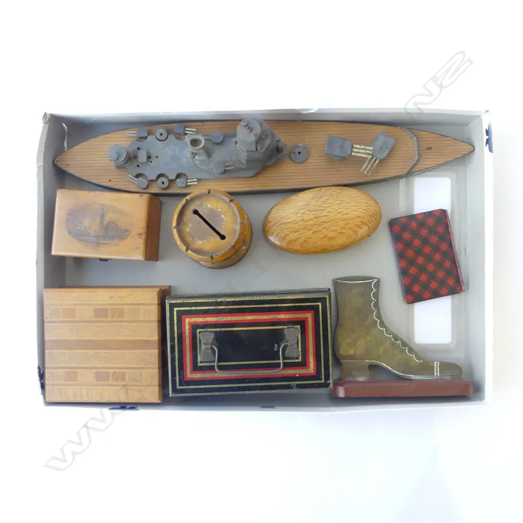 MAUCHLINE WARE BOXES, WAR SHIP MODEL, NZ BOXES, CASH TIN, BRASS SHOE Image 1++