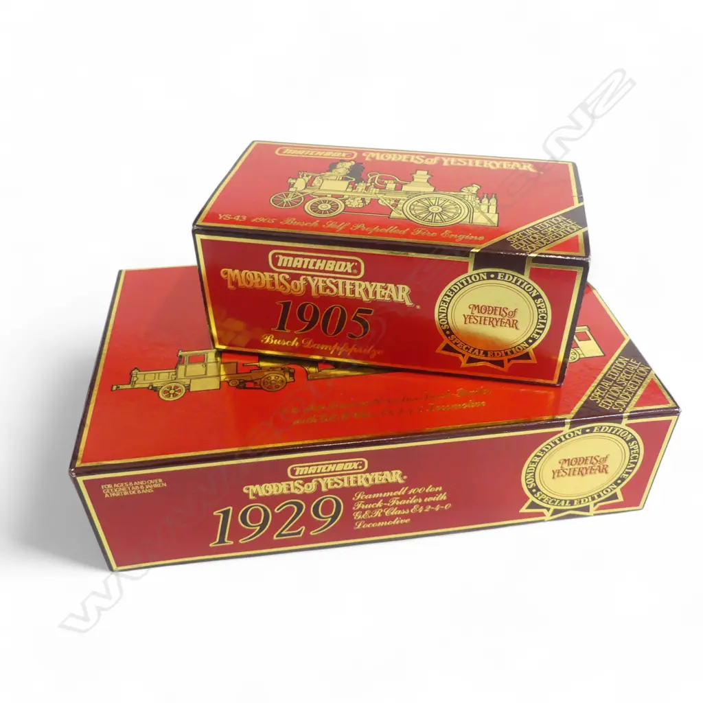 2 BOXES MATCHBOX MODELS OF YESTERYEAR; YS-43 FIRE ENGINE + YS-16 1929 TRUCK TRAILER LOCOMOTIVE Image 1++