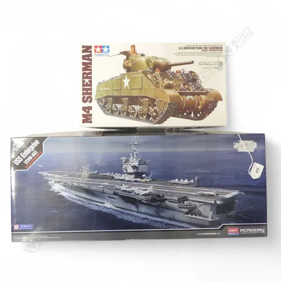 2 MODEL KITS; TAMIYA M4 SHERMAN TANK, ACADEMY USS ENTERPRISE CVN-65