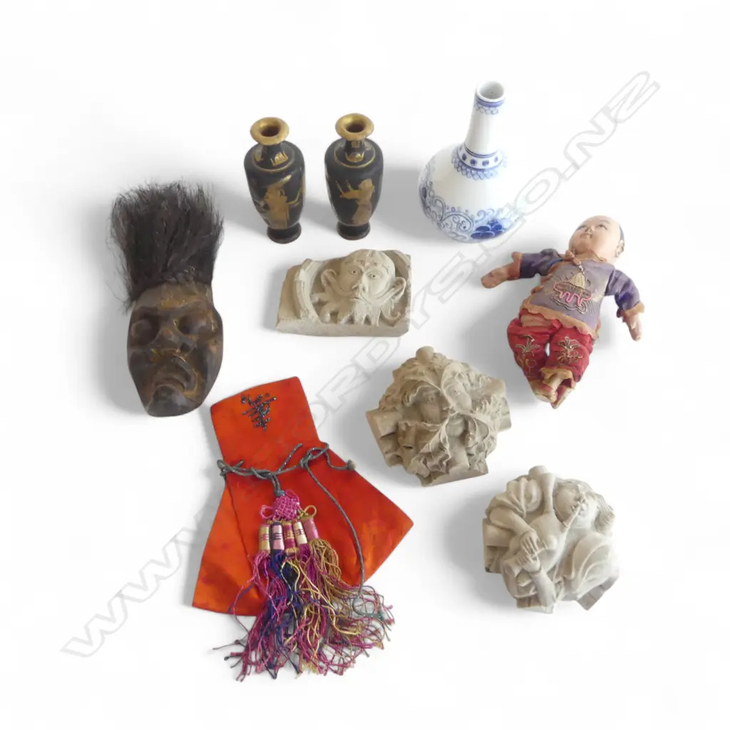 ASST. ITEMS; 3 WINCHESTER CATHEDRAL MOULDS, 3 VASES, TRIBAL MASK, ORIENTAL DOLL Image 1++