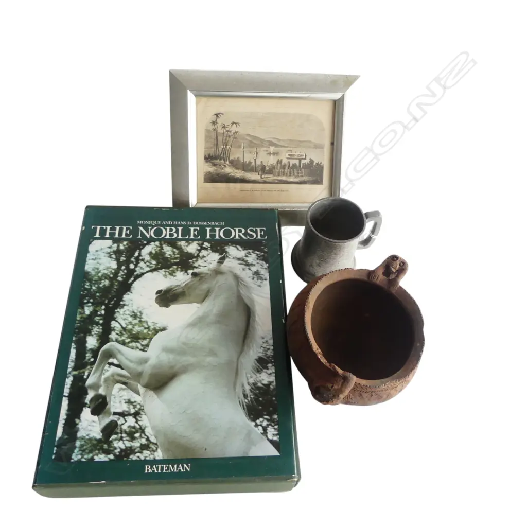 4 ITEMS; BOOK 'THE NOBLE HORSE', PNG POT, PEWTER MUG, HOKIANGA PRINT 140x190mm Image 1++