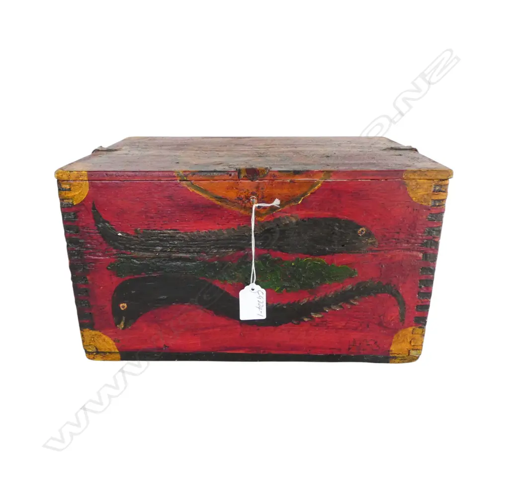 MAORI FOLK ART PAINTED BOX stylised mask to the lid + ells(tuna0 to the front. Huia & owl to sides. 335 x 230 x 190mm Image 1++