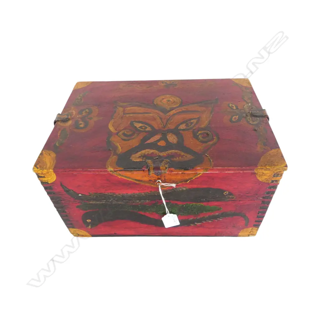 MAORI FOLK ART PAINTED BOX stylised mask to the lid + ells(tuna0 to the front. Huia & owl to sides. 335 x 230 x 190mm Image 1++