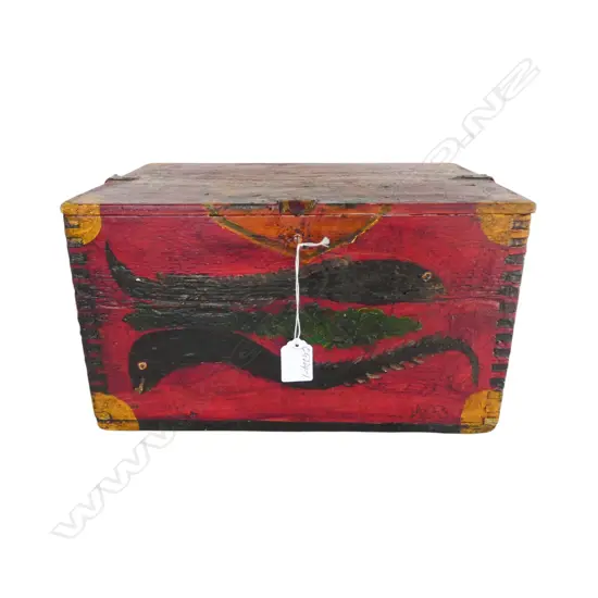 MAORI FOLK ART PAINTED BOX stylised mask to the lid + ells(tuna0 to the front. Huia & owl to sides. 335 x 230 x 190mm