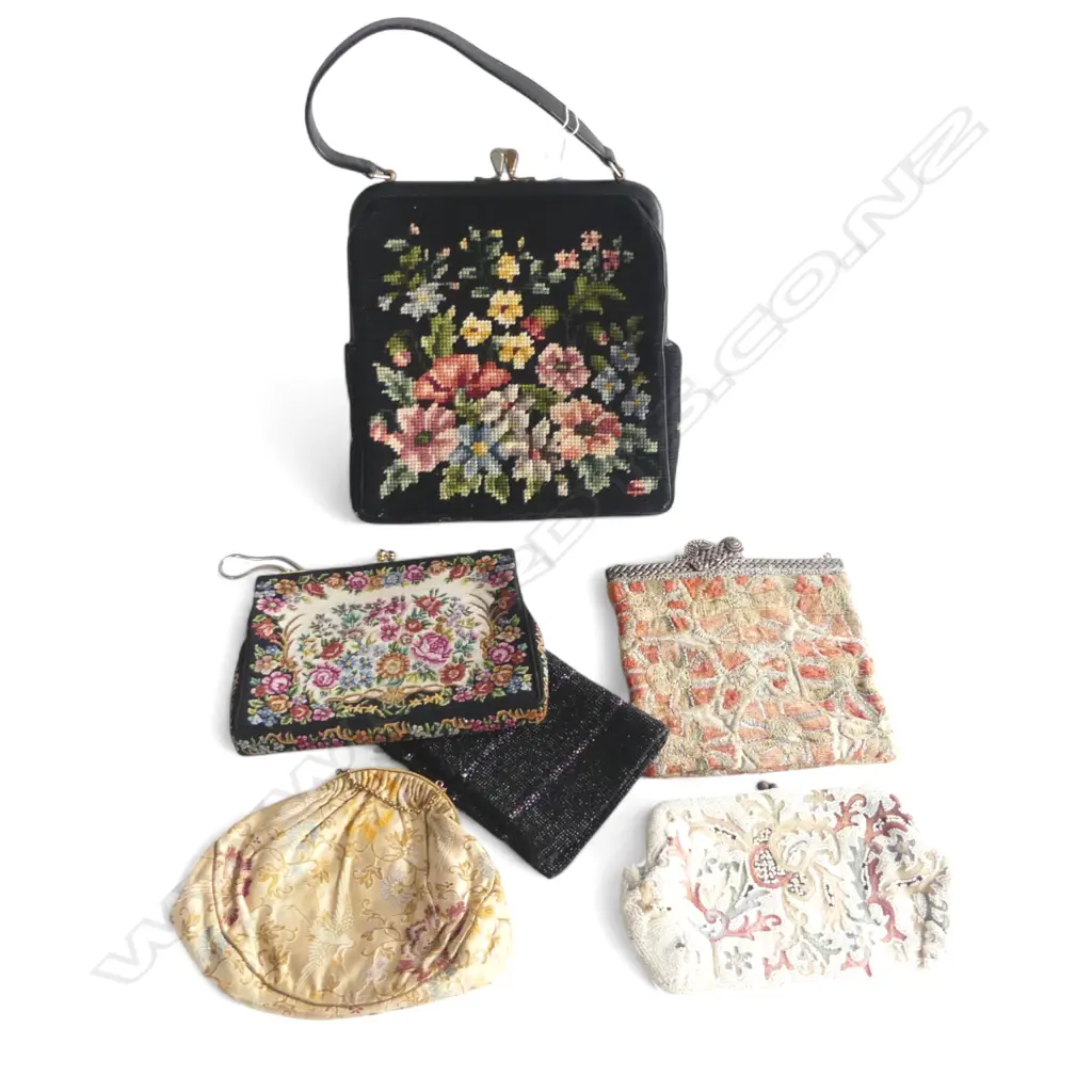 6 VINTAGE PURSES: 2 BEADED + 4 VARIOUSLY EMBROIDERED "The Needlewoman Shop London' etc Image 1++