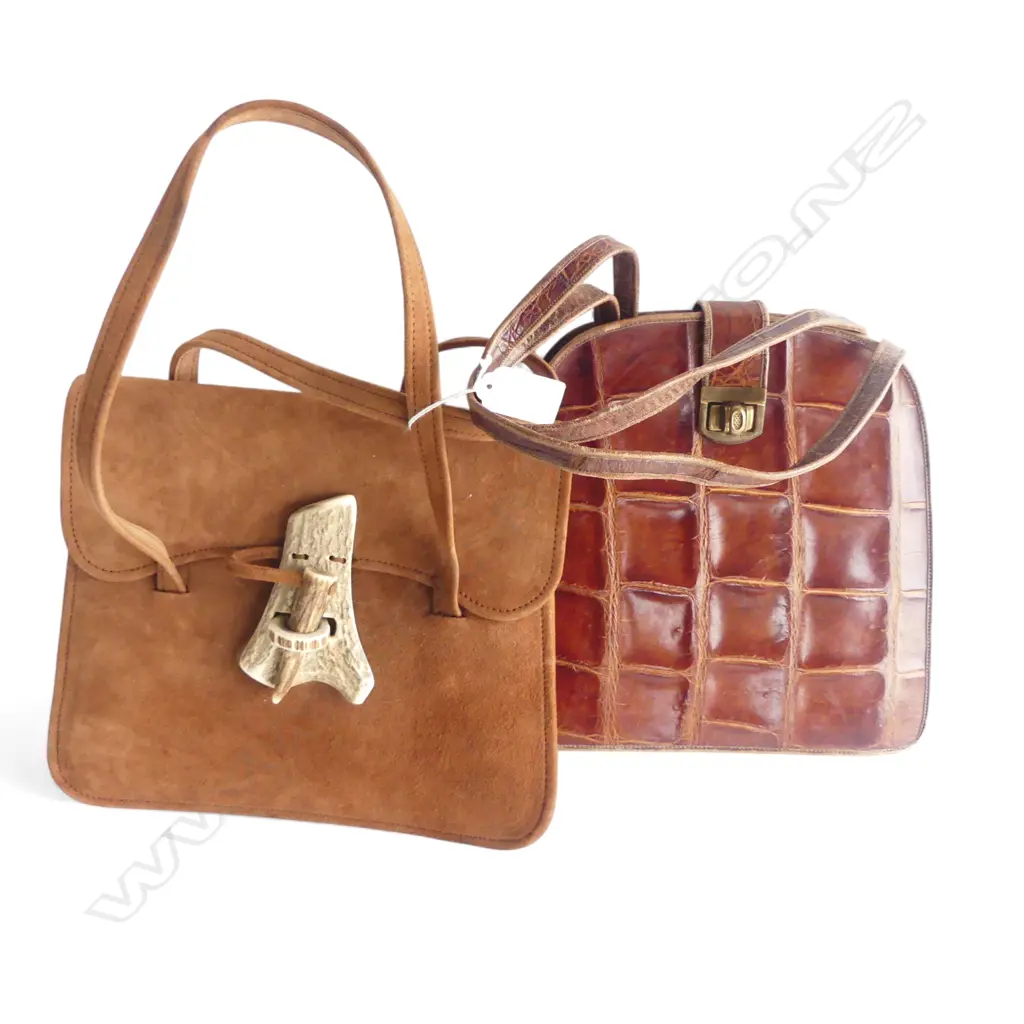 2 VINTAGE HAND BAGS: Crocodile skin + leather with antler clasp Image 1++