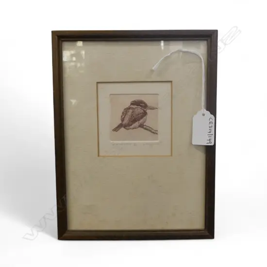 SMALL ENGRAVING NZ KINGFISHER BY R JACKSON H80 W80MM