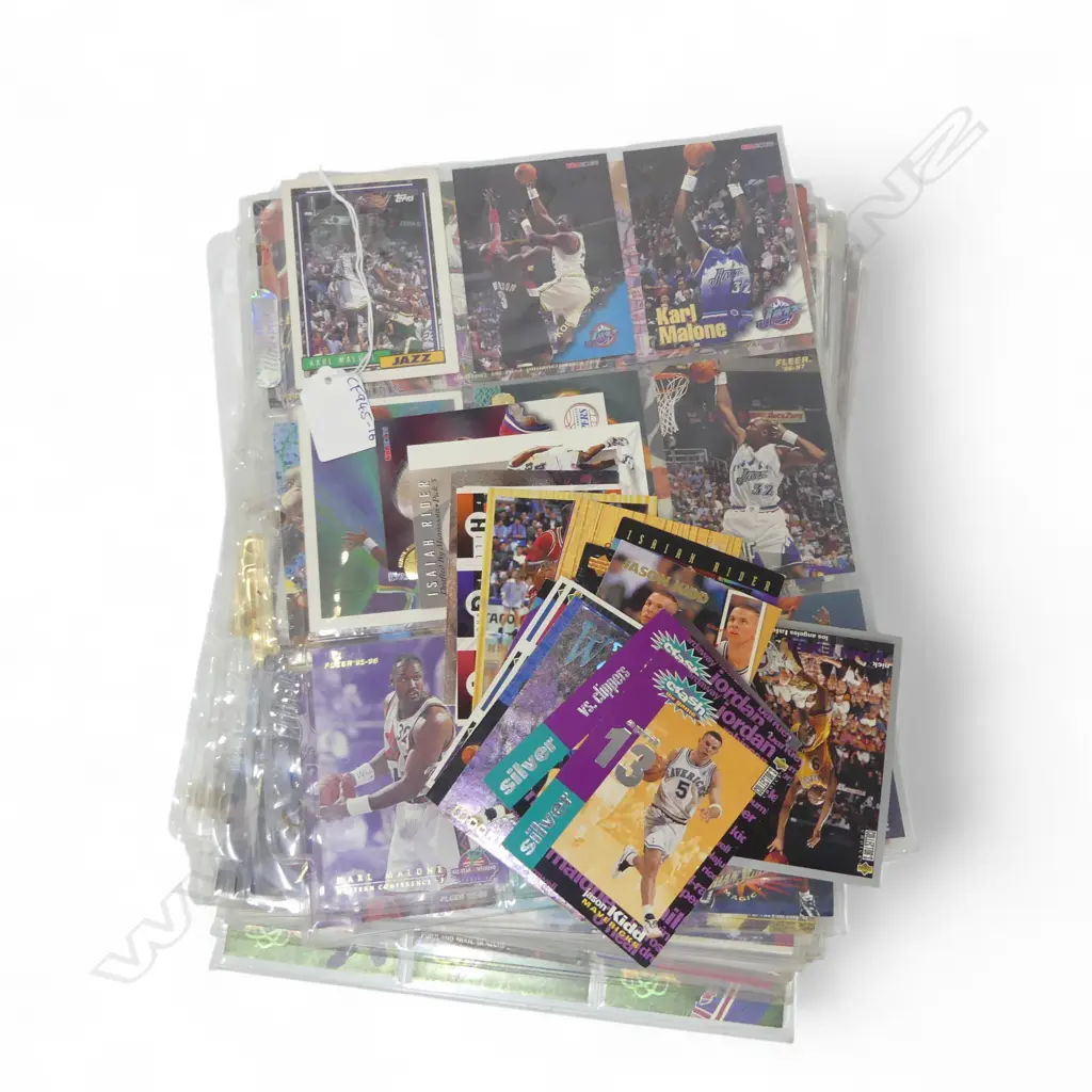 27 ALBUM PAGES OF MOSTLY 90's NBA BASKETBALL CARDS (MOSTLY COMPLETE) w. ASST LOOSE CARDS Image 1++