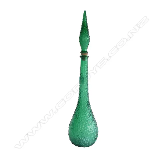RETRO GENIE KNOBBLY GREEN GLASS TALL LIDDED BOTTLE H.570mm