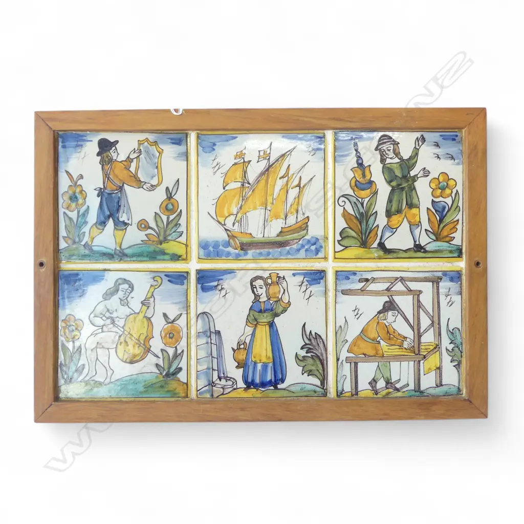 SIX ANTIQUE EUROPEAN CATALAN TILES MOUNTED IN FRAME, L.450MM, W.310MM Image 1++