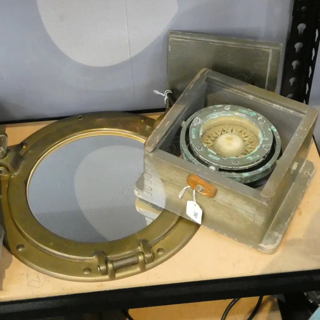 REPRODUCTION BRASS PORTHOLE/MIRROR, Dia.300mm & BOXED WWII SHIP’S COMPASS, Dia.120mm, SYDNEY MAKER  Image 1++