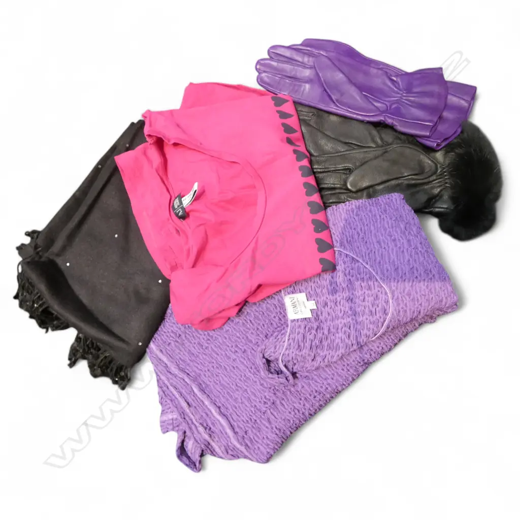 2 PRS LEATHER GLOVES, BLK WOOL PASHMINA & 2 ARMANI JEANS TOPS Image 1++