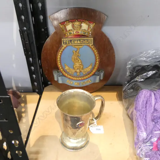 VINTAGE SHIPS CREST 'H.M.S. TELEMACHUS' H.280mm + E/P SOUVENIR CUP 'T.S.M.V. WANGANELLA' H.125mm