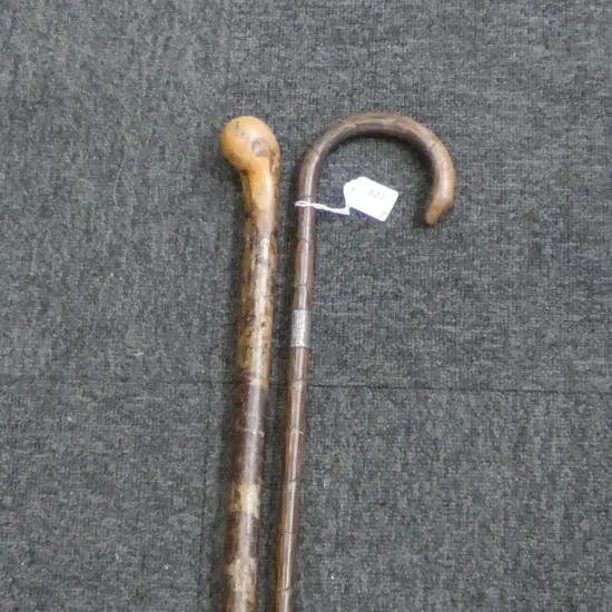 2 WALKING STICKS; 1 w. STG SILVER COLALR H.910mm