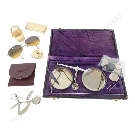 CASED SCALE SET, POCKET SCALE, PR TRUSSARDI STYLE AVIATOR GLASSES, RESIN OKIMONO + 2 BONE