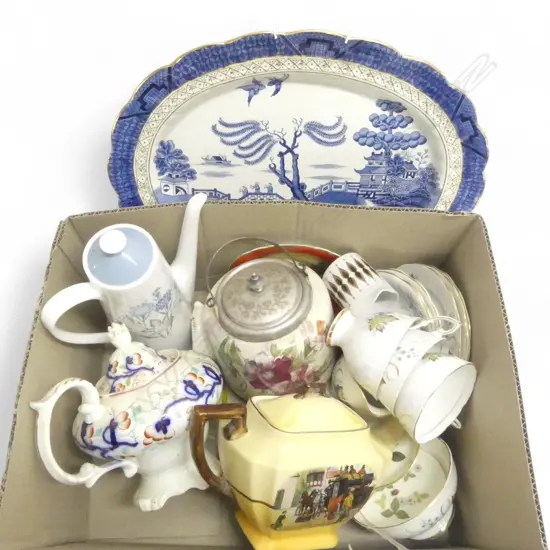 ASST. CHINA; REGENCY TEAPOT (FAULTS), BISCUIT BARREL, BOOTH'S REAL OLD WILLOW ASHET, etc