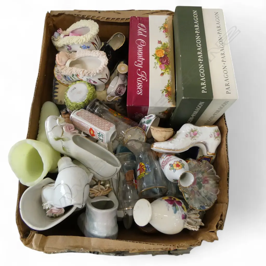 ASST. MINIATURE CHINA SHOES (ROYAL ALBERT OLD COUNTRY ROSES etc), GLASS, etc Image 1++