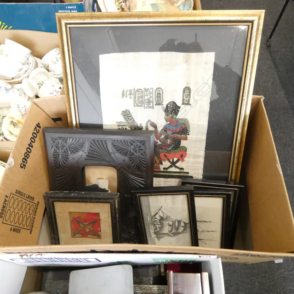 3 FRAMED PRINTS, EGYPTIAN WORK, BIFOLDING CHIP CARVED FRAME & FRAMED AUSTRALIAN BADGE? 75x75mm Image 1++