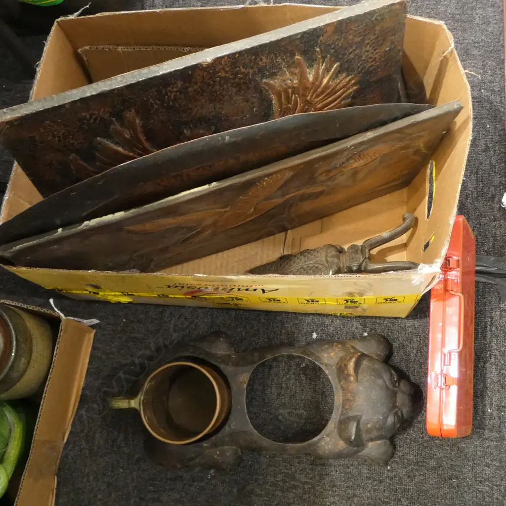 BOX LOT COPPER PLAQUES TRAY  BOOT PULLER SOCKET SET ETC Image 1++