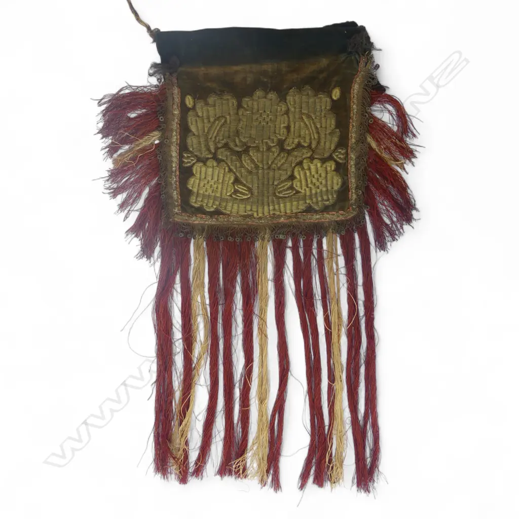 ANTIQUE UZBEK HORSE TRAPPING w. METALLIC EMBROIDERY & LONG FRINGES 730x530mm Image 1++