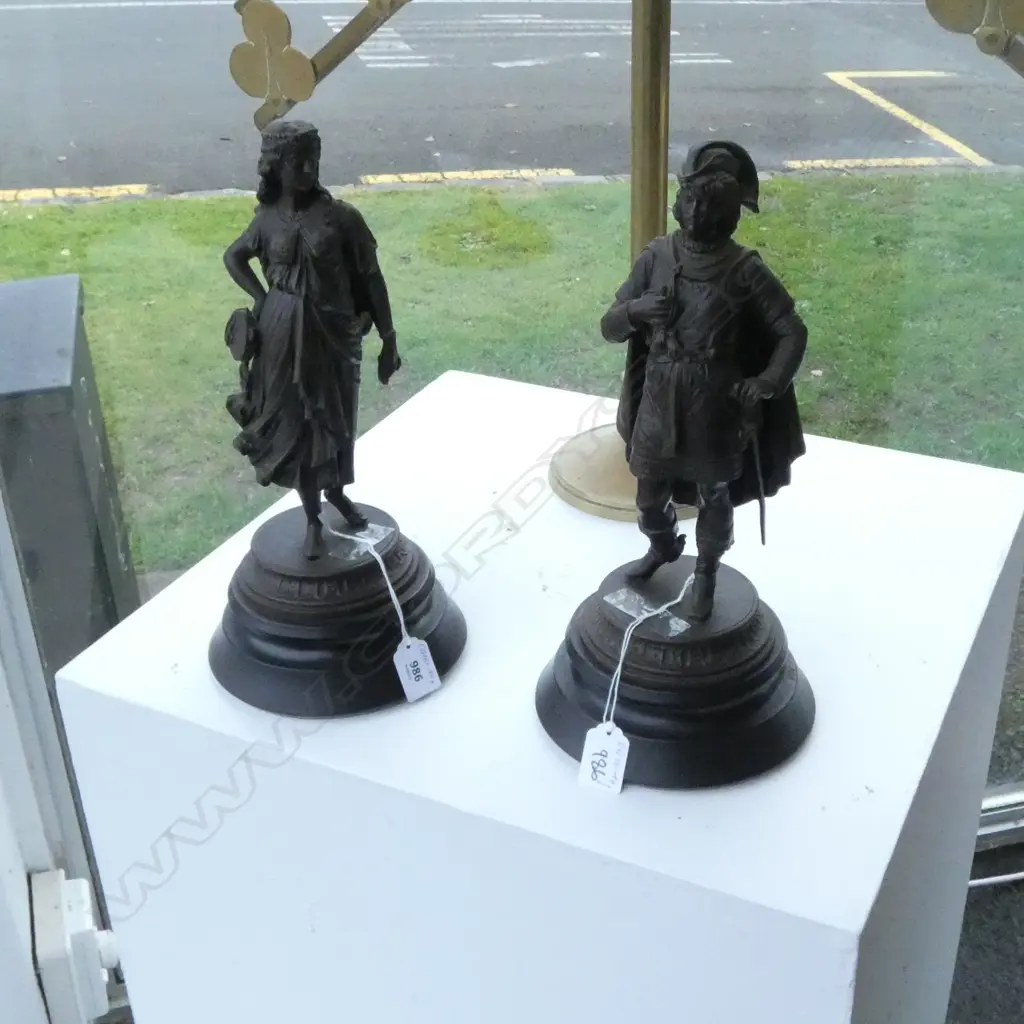 A PAIR OF SPELTER FIGURINES OF A SPANISH COUPLE (GENTLEMAN AND A DANCER) ON TIMBER BASE H. 340 MM INCL. BASE Image 1++