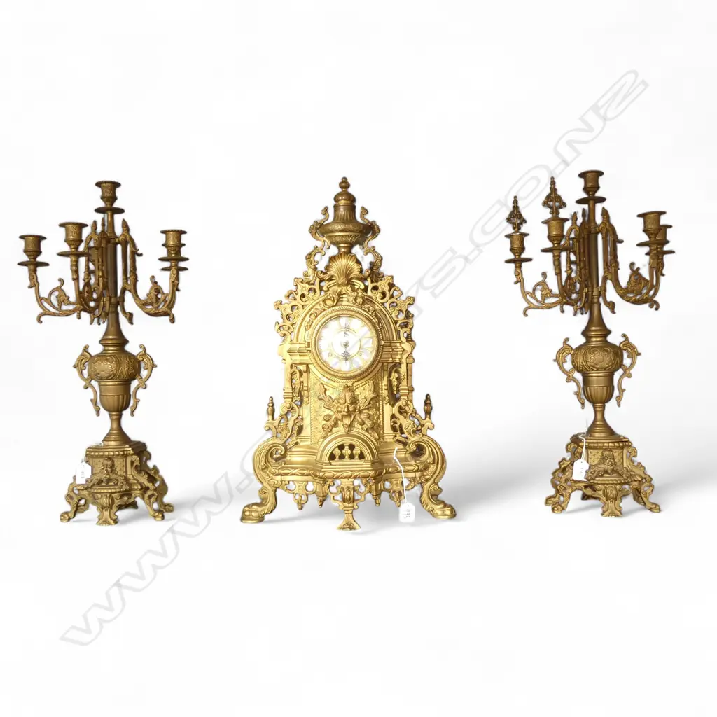 20th C. GILT MANTLE CLOCK WITH PAIR OF MATCHING CANDELABRA (H) 600 mm EACH Image 1++