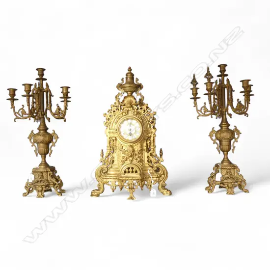 20th C. GILT MANTLE CLOCK WITH PAIR OF MATCHING CANDELABRA (H) 600 mm EACH