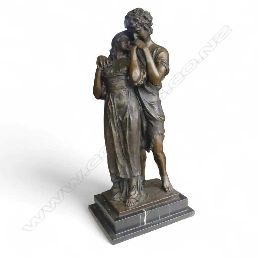 A 20th C. BRONZE SCULPTURE 'JEUNE COUPLE' AFTER LUCA MADRASSI ON BLACK MARBLE BASE (H) 570 X 265 MM Image 1++