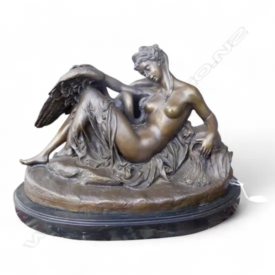A 20th C. BRONZE SCULPTURE OF LEDA AND THE SWAN AFTER ALBERT-ERNEST CARRIER-BELLEUSE ON BLACK MARBLE BASE 320 X 460 mm
