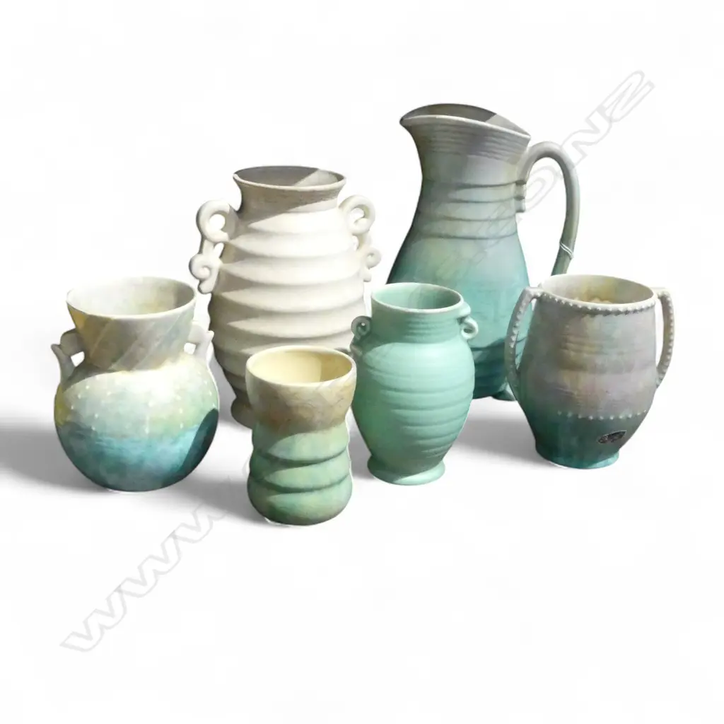 6 ART DECO GLAZED JUGS/VASES; CROWN DEVON, BESWICK, etc faults Image 1++