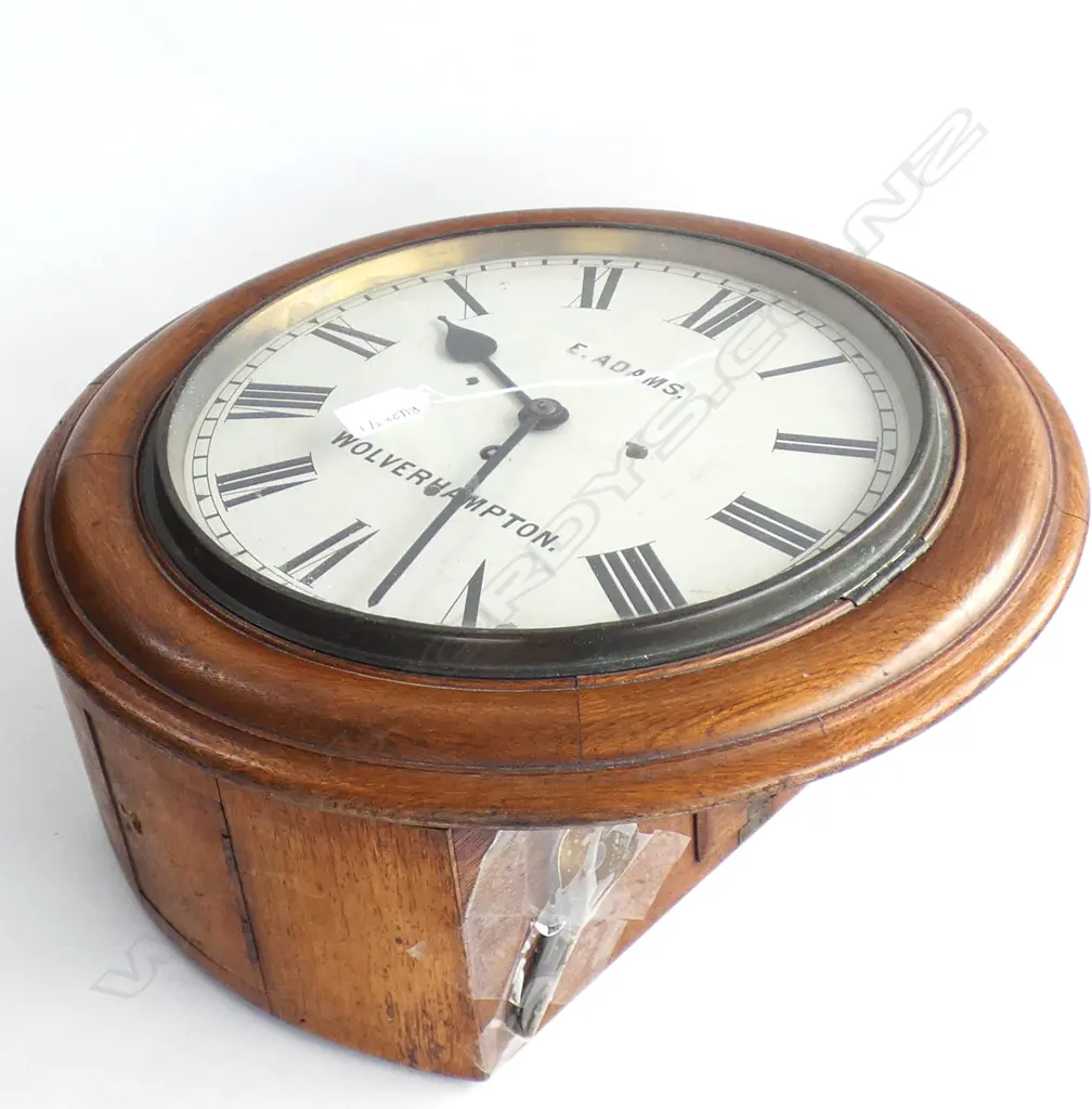 VICTORIAN OAK WALL CLOCK 'E. ADAMS WOLVERHAMTON' Dia.430mm fusee movement with pendulum but not running Image 1++