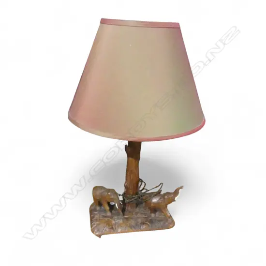 TABLE LAMP; CARVED WOODEN BASE w. 2 ELEPHANTS H.630mm