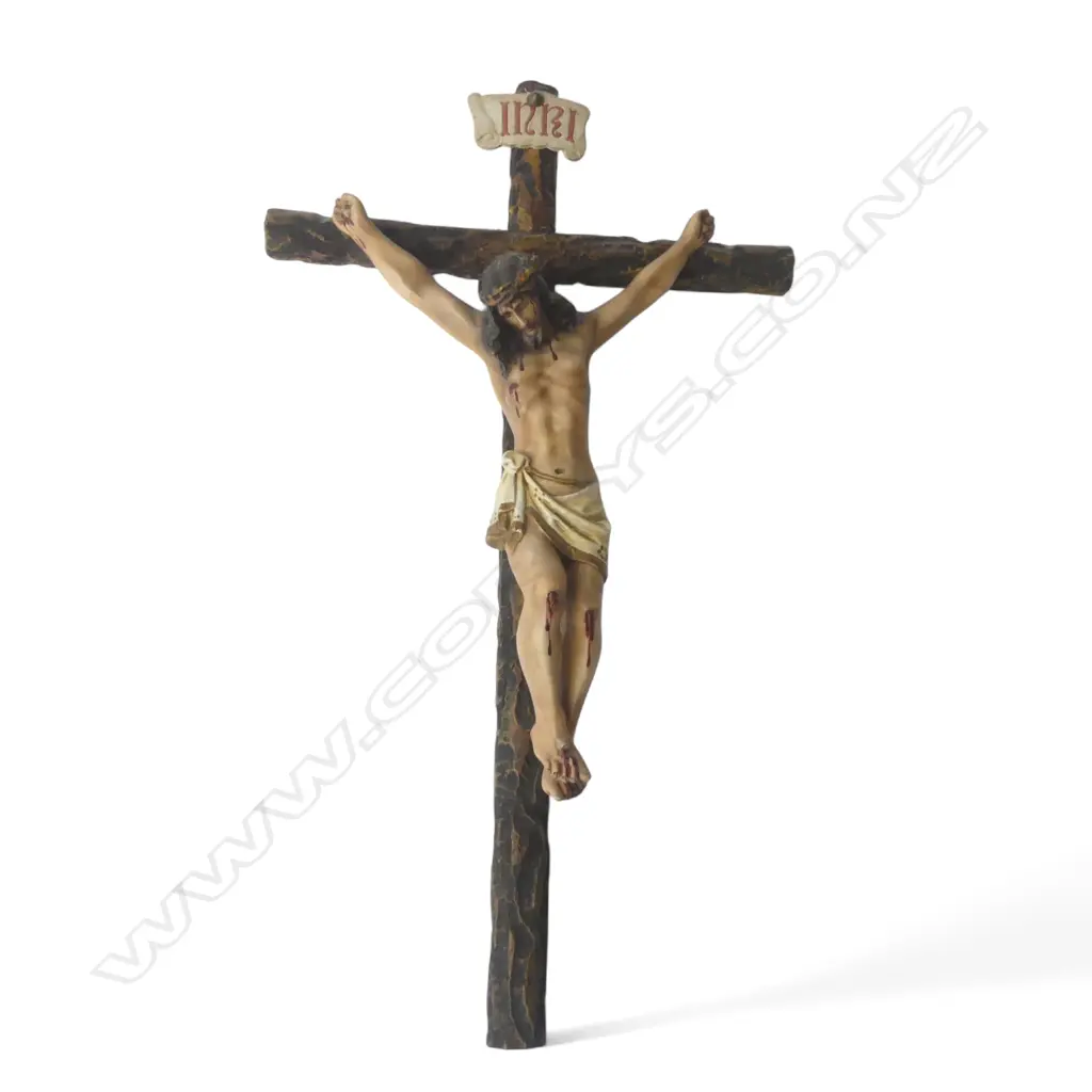 VINTAGE CRUCIFIX - RESIN JESUS & CARVED WOODEN CROSS H.535mm Image 1++